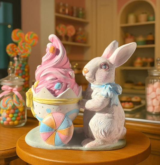 Rabbit Holding Ice Cream Cart Figurine, Whimsical Bunny Ice Cream Vendor, Bunny Vendor Figurine, Rabbit Themed Decoration, Rabbit Decor