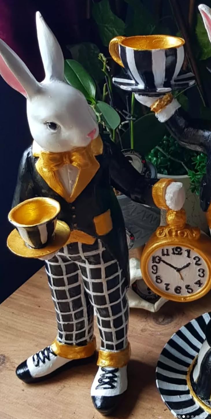 Alice in Wonderland Tea Time Rabbit Figurine, Rabbit Statue with Teacup & Clock, Rabbit Figurine, Wonderland Tea Party, Rabbit with Tea Cup