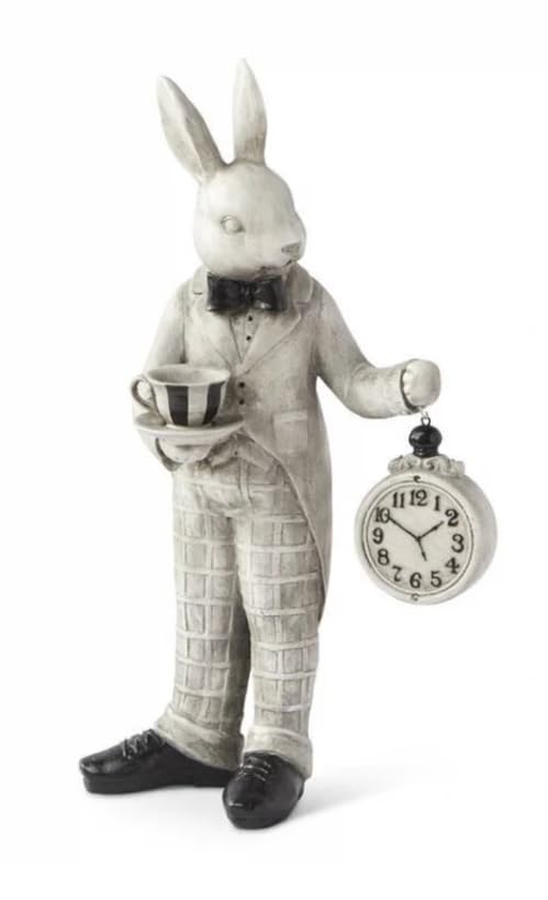 Alice in Wonderland Tea Time Rabbit Figurine, Rabbit Statue with Teacup & Clock, Rabbit Figurine, Wonderland Tea Party, Rabbit with Tea Cup