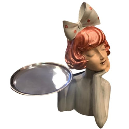 Handcrafted Girl Holding Tray Figure, Girl Sculpture With Tray Decor, Functional Girl Figurine With Tray, Decorative Girl Figurine For Gift, Girl Holding Tray Decor