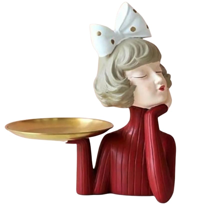 Handcrafted Girl Holding Tray Figure, Girl Sculpture With Tray Decor, Functional Girl Figurine With Tray, Decorative Girl Figurine For Gift, Girl Holding Tray Decor