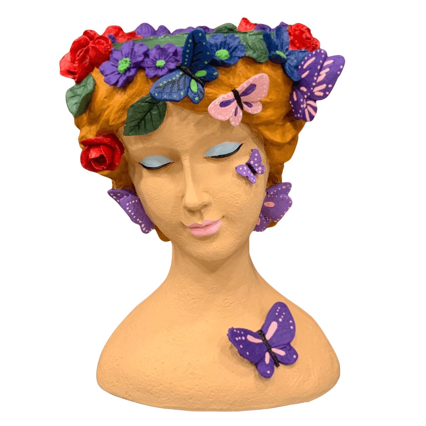Elegante vaso da fiori a forma di busto femminile con farfalle e motivi floreali, fioriera decorativa in poliestere per interni, vaso da fiori a forma di farfalla, vaso a forma di farfalla, vaso a forma di farfalla