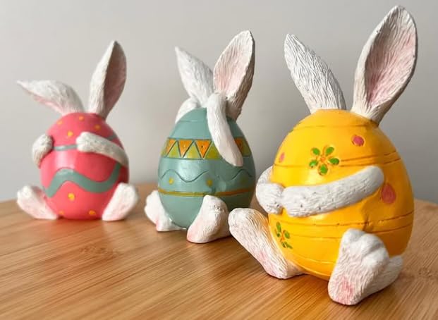 Set of 3 Easter Bunny Egg Figurines, Cute Hand Painted Polyester Bunny Decorations, Easter Bunny Decor, Bunny Egg Decor, Bunny in Eggshell, Easter Bunny Statue, Easter Bunny Decor