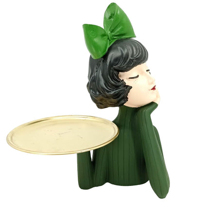 Handcrafted Girl Holding Tray Figure, Girl Sculpture With Tray Decor, Functional Girl Figurine With Tray, Decorative Girl Figurine For Gift, Girl Holding Tray Decor