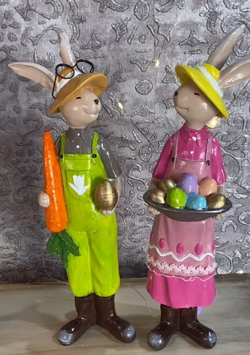 Easter Bunny Figurines with Carrot and Basket of Eggs, Handpainted Bunny Statue, Easter Egg Basket Bunny, Polyester Easter Decor, Easter Rabbit Sculpture