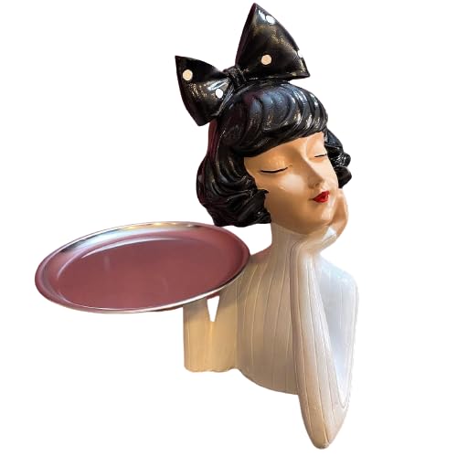 Handcrafted Girl Holding Tray Figure, Girl Sculpture With Tray Decor, Functional Girl Figurine With Tray, Decorative Girl Figurine For Gift, Girl Holding Tray Decor