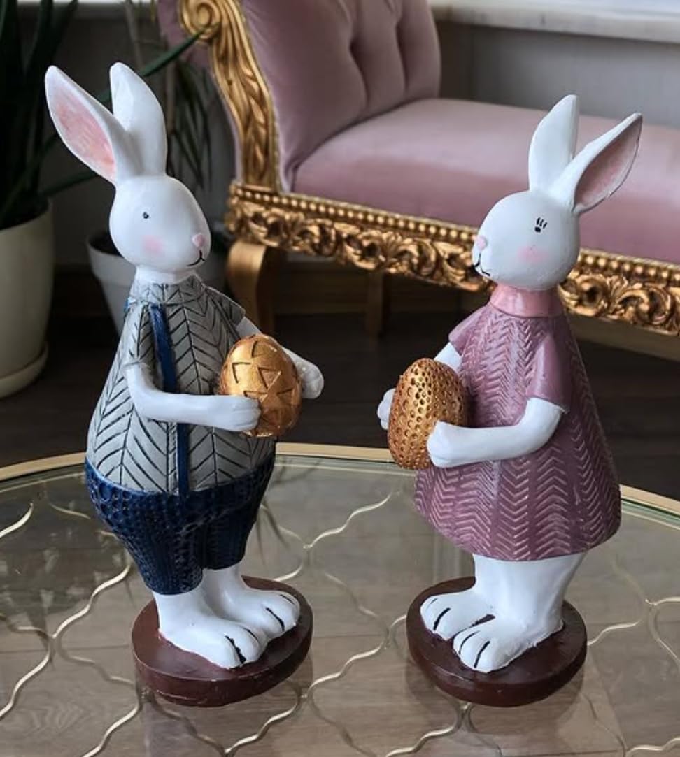 Handmade Easter Bunny Figurines with Colorful Eggs, Decorative Polyester Rabbits, Easter Bunny Figurines, Handmade Rabbit Statues, Easter Rabbit Sculpture
