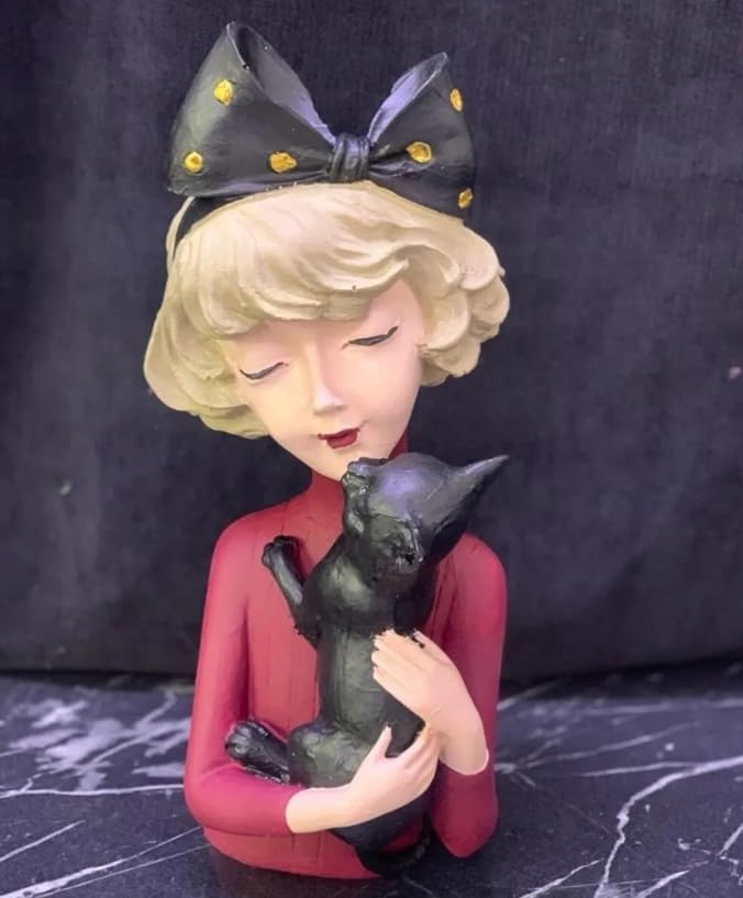 Girl With Cat Decor, Whimsical Decor Accent, Hand-painted Art Decor, Decorative Girl Statue, Cat Themed Home Decor, Girl and Pet Sculpture, Girl and Pet Decor