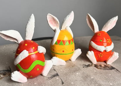 Set of 3 Easter Bunny Egg Figurines, Cute Hand Painted Polyester Bunny Decorations, Easter Bunny Decor, Bunny Egg Decor, Bunny in Eggshell, Easter Bunny Statue, Easter Bunny Decor