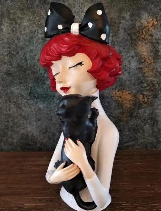 Girl With Cat Decor, Whimsical Decor Accent, Hand-painted Art Decor, Decorative Girl Statue, Cat Themed Home Decor, Girl and Pet Sculpture, Girl and Pet Decor