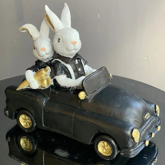 Bunny Figurine In Car, Rabbit Couple Sculpture, Rabbit Figurine Car Decor, Handcrafted Bunny Statue, Easter Rabbit Sculpture, Rabbit Decor, Easter Bunny Sculpture