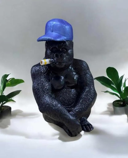 Smoking Gorilla Statue with Cap, Cool Gorilla Smoking Pipe Decor, Urban Style Gorilla Statue with Hat, Gorilla Statue with Cigarette and Cap