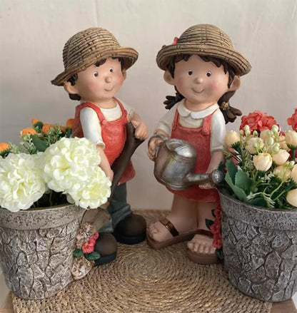 Cute Girl and Boy Planter Pots for Garden Decor, Outdoor Yard Statues, Polyester Garden Pot, Cute Planter Figurine, Boy Girl Flower Pot