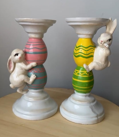 Easter Bunny Candle Holder Set with Climbing Rabbits and Egg Design, Easter Rabbit Candle Holder, Easter Rabbit Candlesticks, Bunny Candle Holder, Rabbit Candle Holder