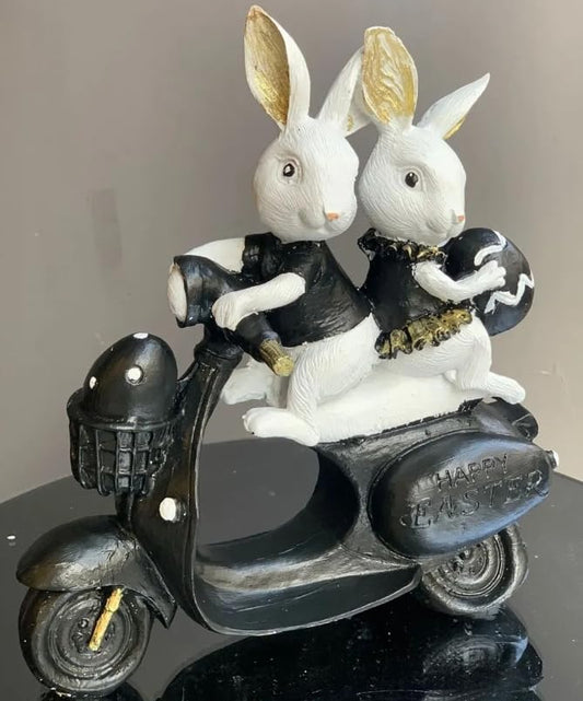 Bunny Couple Scooter Statue, Rabbits On A Vespa Decor, Whimsical Bunny Ornament,Rabbit Sculpture,Easter Rabbit Decor, Easter Bunny Decor, Easter Bunny Sculpture, Easter Rabbit Sculpture