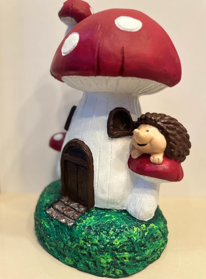 Whimsical Mushroom House Decor with Hedgehog, Toadstool House with Hedgehog, Mushroom Sculpture, Mushroom Statue with Hedgehog