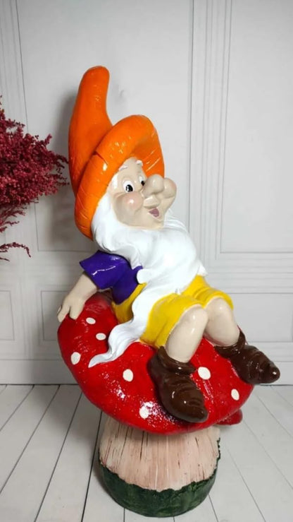 Garden Gnome Sitting on Red Mushroom Outdoor Decor, Garden Gnome Statue, Outdoor Garden Decor, Mushroom Gnome Figure, Fairy Garden Gnome, Garden Gnome Sculpture, Garden Gnome Decor