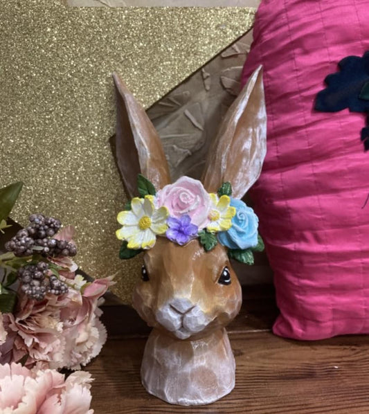 Hand-Painted Bunny Head Sculpture With Floral Crown, Whimsical Easter Decor, Bunny Head Sculpture, Easter Bunny Decor, Rabbit Head Decor, Easter Rabbit Decor, Rabbit Sculpture