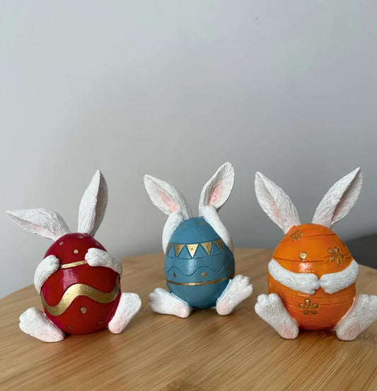 Set of 3 Easter Bunny Egg Figurines, Cute Hand Painted Polyester Bunny Decorations, Easter Bunny Decor, Bunny Egg Decor, Bunny in Eggshell, Easter Bunny Statue, Easter Bunny Decor