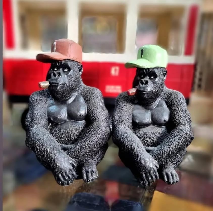 Smoking Gorilla Statue with Cap, Cool Gorilla Smoking Pipe Decor, Urban Style Gorilla Statue with Hat, Gorilla Statue with Cigarette and Cap