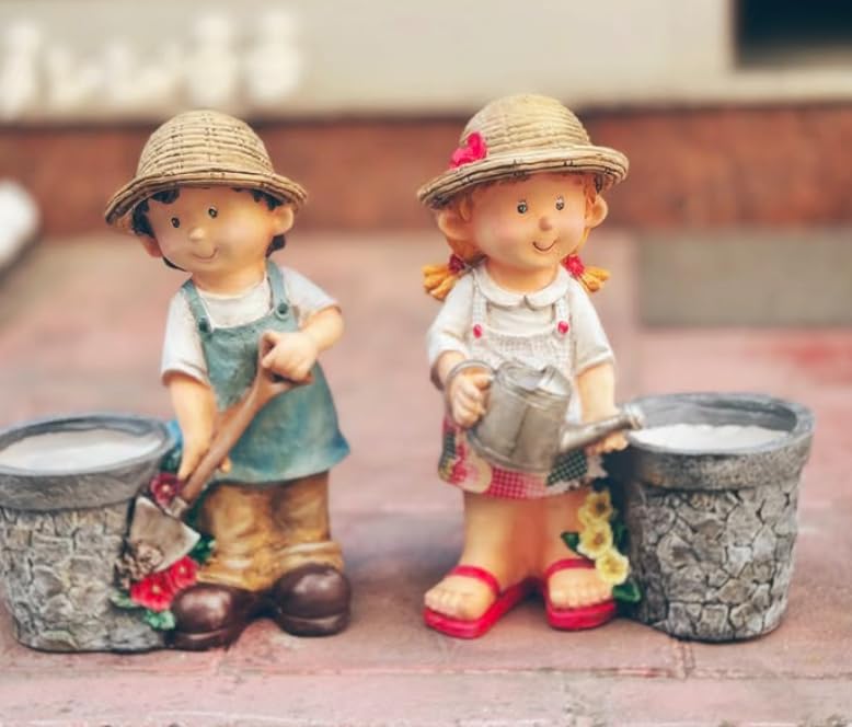 Cute Girl and Boy Planter Pots for Garden Decor, Outdoor Yard Statues, Polyester Garden Pot, Cute Planter Figurine, Boy Girl Flower Pot