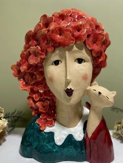 Whimsical Woman and Cat Head Sculpture, Woman Cat Sculpture, Artistic Face Figurine, Handmade Woman Bust, Girl Cat Statue, Quirky Decor Bust