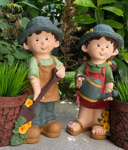 Cute Girl and Boy Planter Pots for Garden Decor, Outdoor Yard Statues, Polyester Garden Pot, Cute Planter Figurine, Boy Girl Flower Pot