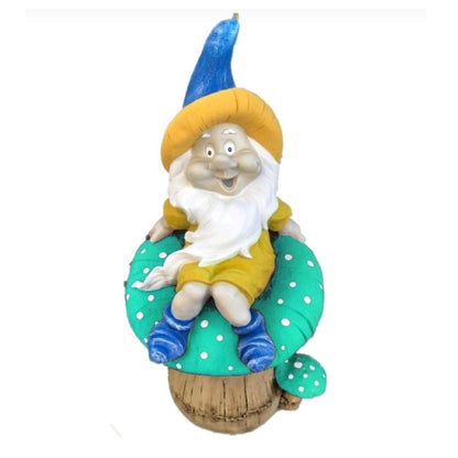 Garden Gnome Sitting on Red Mushroom Outdoor Decor, Garden Gnome Statue, Outdoor Garden Decor, Mushroom Gnome Figure, Fairy Garden Gnome, Garden Gnome Sculpture, Garden Gnome Decor