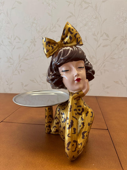 Handcrafted Girl Holding Tray Figure, Girl Sculpture With Tray Decor, Functional Girl Figurine With Tray, Decorative Girl Figurine For Gift, Girl Holding Tray Decor
