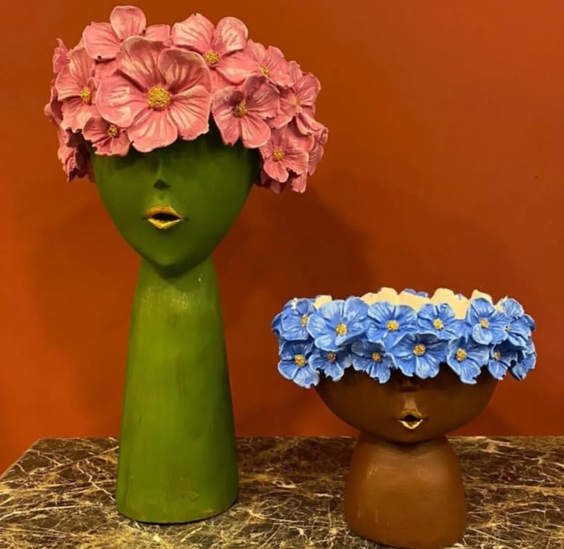 Modern Face Flower Pot with Floral Crown Set of 2, Indoor Home Accent, Chic Face Decor, Polyester Flower Pot, Face Sculpture Planter, Face Planter, Face Pot