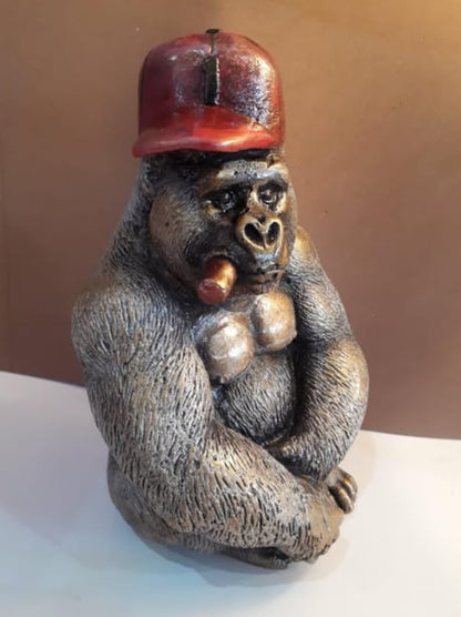 Smoking Gorilla Statue with Cap, Cool Gorilla Smoking Pipe Decor, Urban Style Gorilla Statue with Hat, Gorilla Statue with Cigarette and Cap