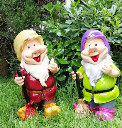 Happy Garden Gnome with Broom for Outdoor Decor, Garden Gnome Statue, Patio Gnome Figure, Gnome Decor, Broom Holding Gnome