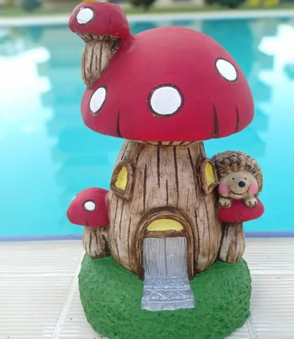 Whimsical Mushroom House Decor with Hedgehog, Toadstool House with Hedgehog, Mushroom Sculpture, Mushroom Statue with Hedgehog