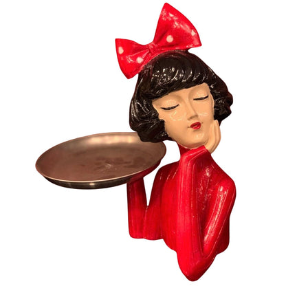 Handcrafted Girl Holding Tray Figure, Girl Sculpture With Tray Decor, Functional Girl Figurine With Tray, Decorative Girl Figurine For Gift, Girl Holding Tray Decor