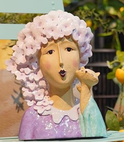 Whimsical Woman and Cat Head Sculpture, Woman Cat Sculpture, Artistic Face Figurine, Handmade Woman Bust, Girl Cat Statue, Quirky Decor Bust