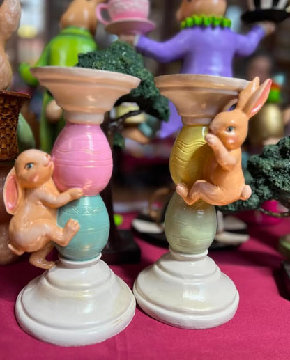 Easter Bunny Candle Holder Set with Climbing Rabbits and Egg Design, Easter Rabbit Candle Holder, Easter Rabbit Candlesticks, Bunny Candle Holder, Rabbit Candle Holder