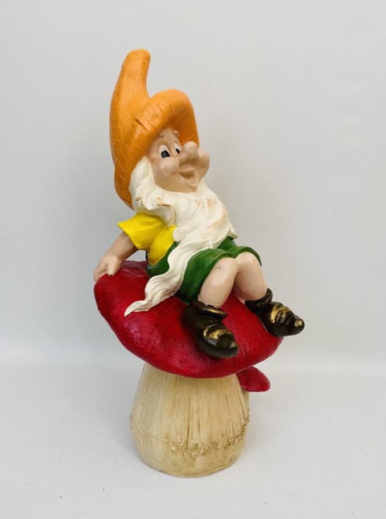 Garden Gnome Sitting on Red Mushroom Outdoor Decor, Garden Gnome Statue, Outdoor Garden Decor, Mushroom Gnome Figure, Fairy Garden Gnome, Garden Gnome Sculpture, Garden Gnome Decor