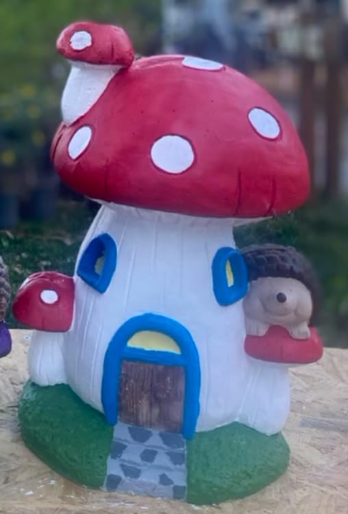 Whimsical Mushroom House Decor with Hedgehog, Toadstool House with Hedgehog, Mushroom Sculpture, Mushroom Statue with Hedgehog