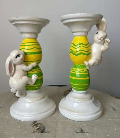 Easter Bunny Candle Holder Set with Climbing Rabbits and Egg Design, Easter Rabbit Candle Holder, Easter Rabbit Candlesticks, Bunny Candle Holder, Rabbit Candle Holder