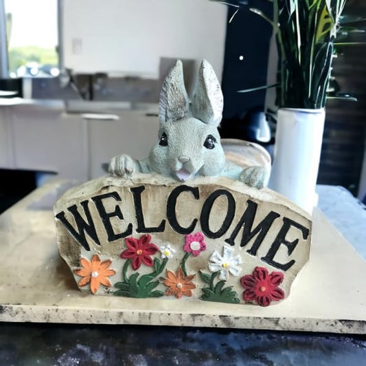 Adorable Bunny Welcome Sign with Flowers, Easter Rabbit Decor, Easter Bunny Decor, Welcome Decor, Spring Home Entryway Decoration, Easter Rabbit Sculpture