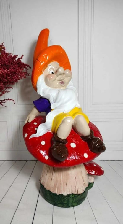 Garden Gnome Sitting on Red Mushroom Outdoor Decor, Garden Gnome Statue, Outdoor Garden Decor, Mushroom Gnome Figure, Fairy Garden Gnome, Garden Gnome Sculpture, Garden Gnome Decor