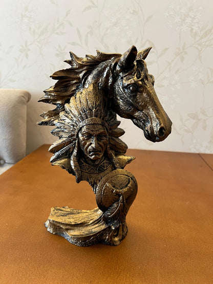 Indianerhäuptling und Pferdebüste Skulptur, Western Dekor, Indianerstatue, Indianerhäuptling Büste, Western Home Dekor, Indianerhäuptling Dekor, Indianerhäuptling Statue