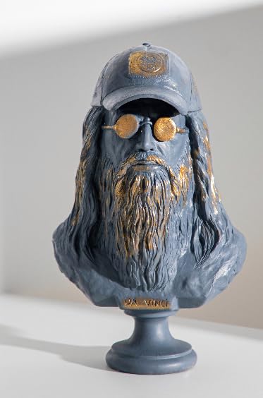 Statua moderna di busto di Da Vinci con berretto e occhiali, Statua di busto di Da Vinci, Busto di Da Vinci, Testa di Da Vinci in poliestere, Scultura di Da Vinci