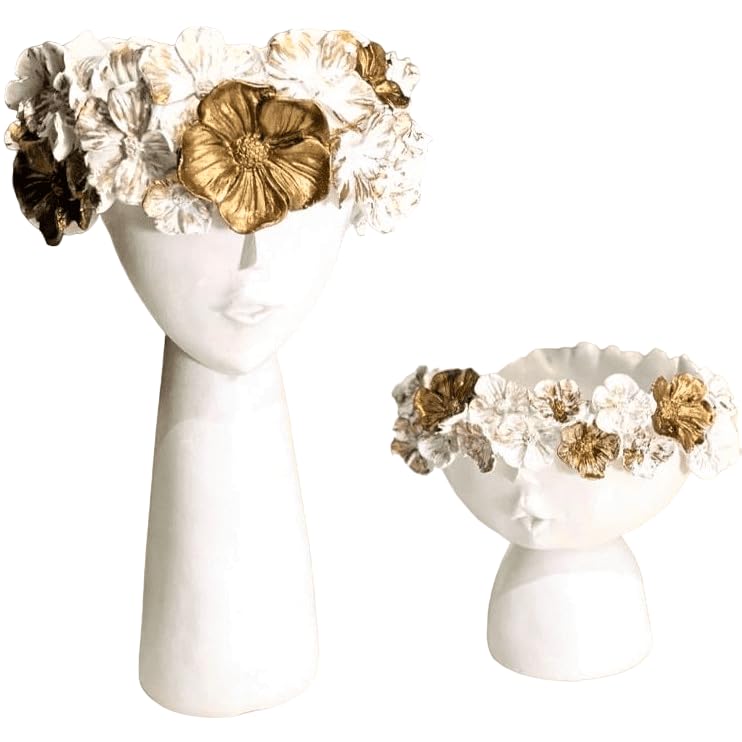 Modern Face Flower Pot with Floral Crown Set of 2, Indoor Home Accent, Chic Face Decor, Polyester Flower Pot, Face Sculpture Planter, Face Planter, Face Pot
