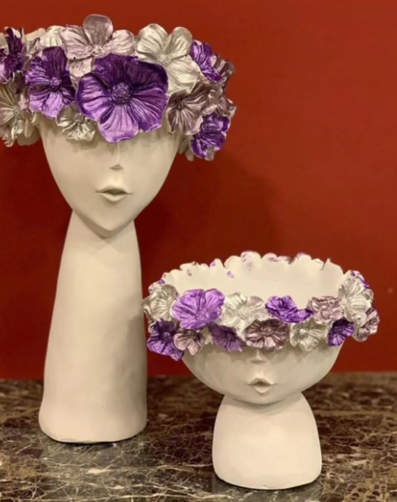 Modern Face Flower Pot with Floral Crown Set of 2, Indoor Home Accent, Chic Face Decor, Polyester Flower Pot, Face Sculpture Planter, Face Planter, Face Pot
