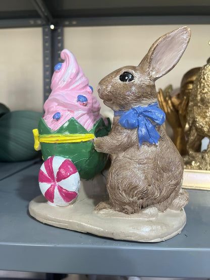 Rabbit Holding Ice Cream Cart Figurine, Whimsical Bunny Ice Cream Vendor, Bunny Vendor Figurine, Rabbit Themed Decoration, Rabbit Decor