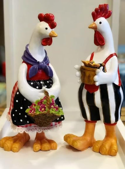 Farmhouse Chicken Decor, Charming Rooster and Hen Figurines Holding Flowers, Flower Holding Rooster, Cute Chicken Statues, Chicken Statue, Cockerel Decor, Cockerel Statue