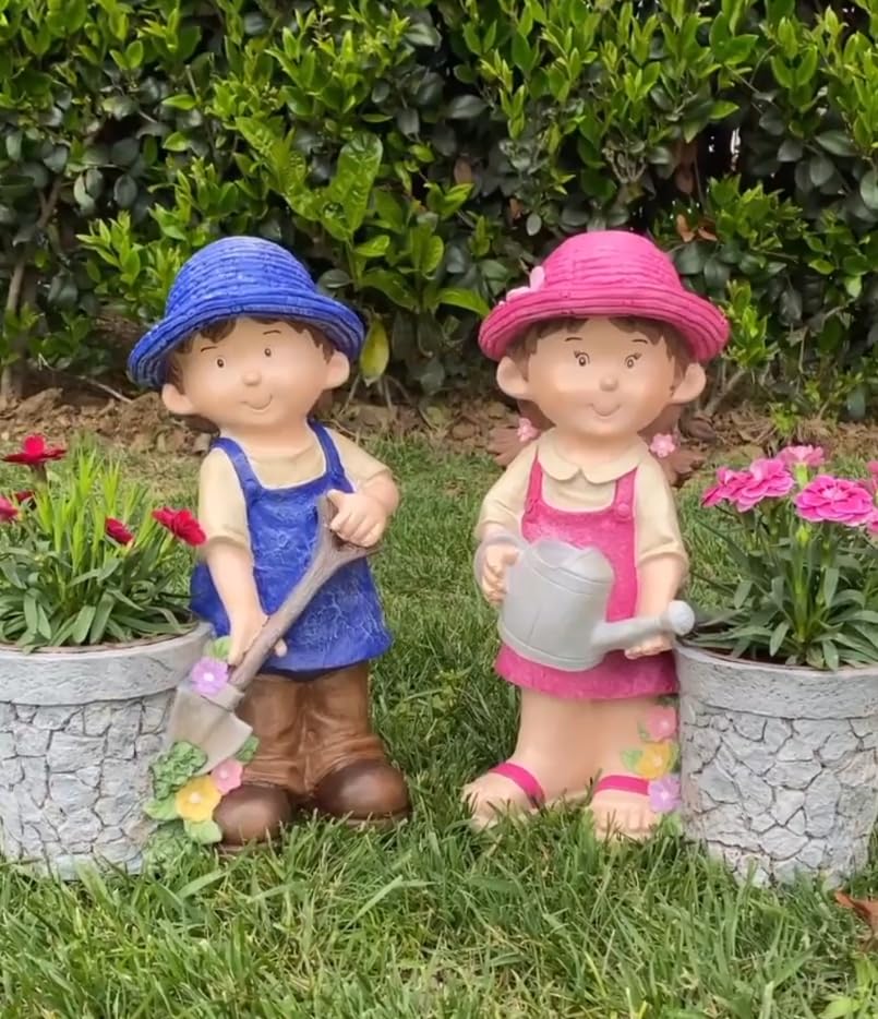 Cute Girl and Boy Planter Pots for Garden Decor, Outdoor Yard Statues, Polyester Garden Pot, Cute Planter Figurine, Boy Girl Flower Pot
