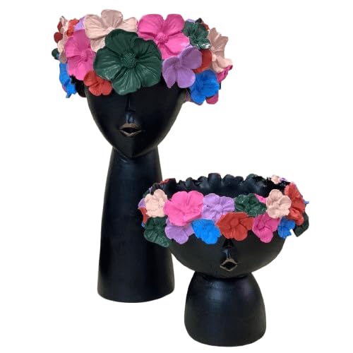 Modern Face Flower Pot with Floral Crown Set of 2, Indoor Home Accent, Chic Face Decor, Polyester Flower Pot, Face Sculpture Planter, Face Planter, Face Pot