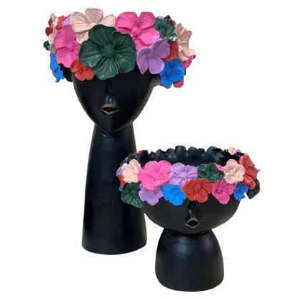 Modern Face Flower Pot with Floral Crown Set of 2, Indoor Home Accent, Chic Face Decor, Polyester Flower Pot, Face Sculpture Planter, Face Planter, Face Pot
